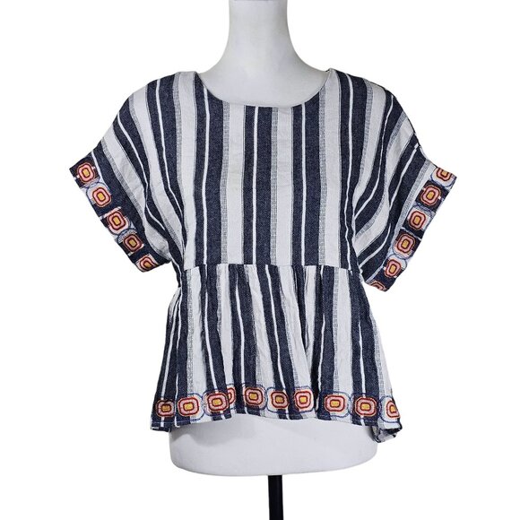 Anthropologie Maeve Embroidered Peplum Linen Top L Striped Open Back Festival - Picture 2 of 10